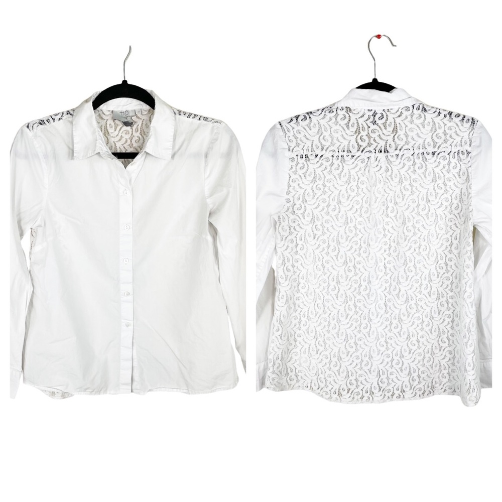 Anthropologie HD in Paris White Lace Back Button Down Shirt